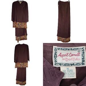 April Cornell Maxi Wrap Skirt Set Long Sleeve Tunic Size Medium Brown Floral